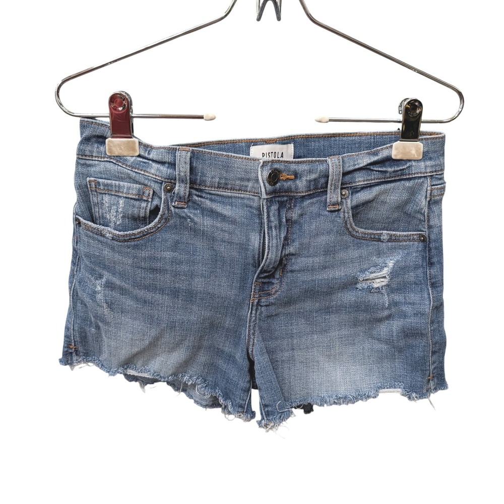 Pistola Women Blue Distressed Raw Hem Denim Jean Shorts- Size 27